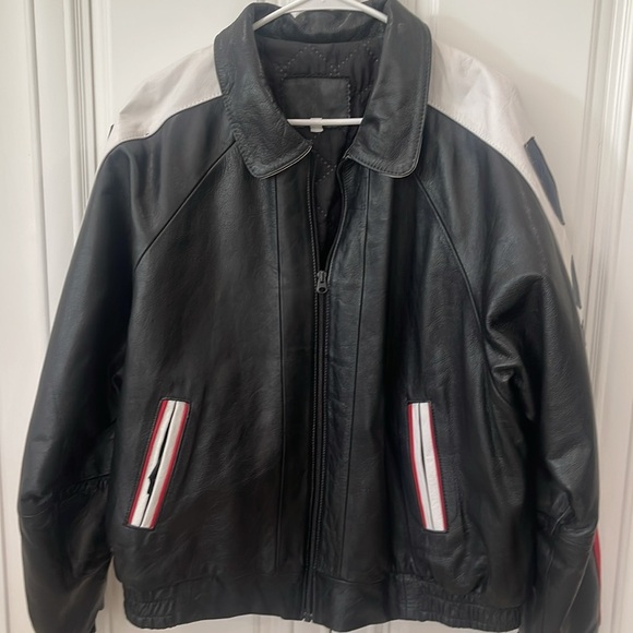 Vintage USA American Flag Black Leather Bomber Jacket Biker Motorcycle size M - Picture 11 of 17